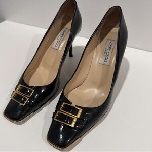 Jimmy Choo Black Patent Heels with Gold Accents